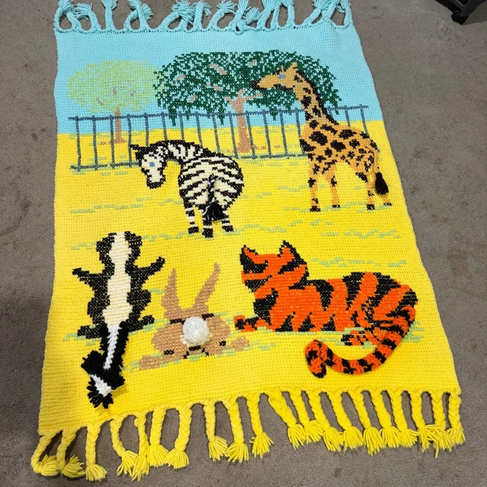 Vintage Handmade Crochet Zoo Animal Baby Blanket 3D Tiger Giraffe Zebra Yellow
